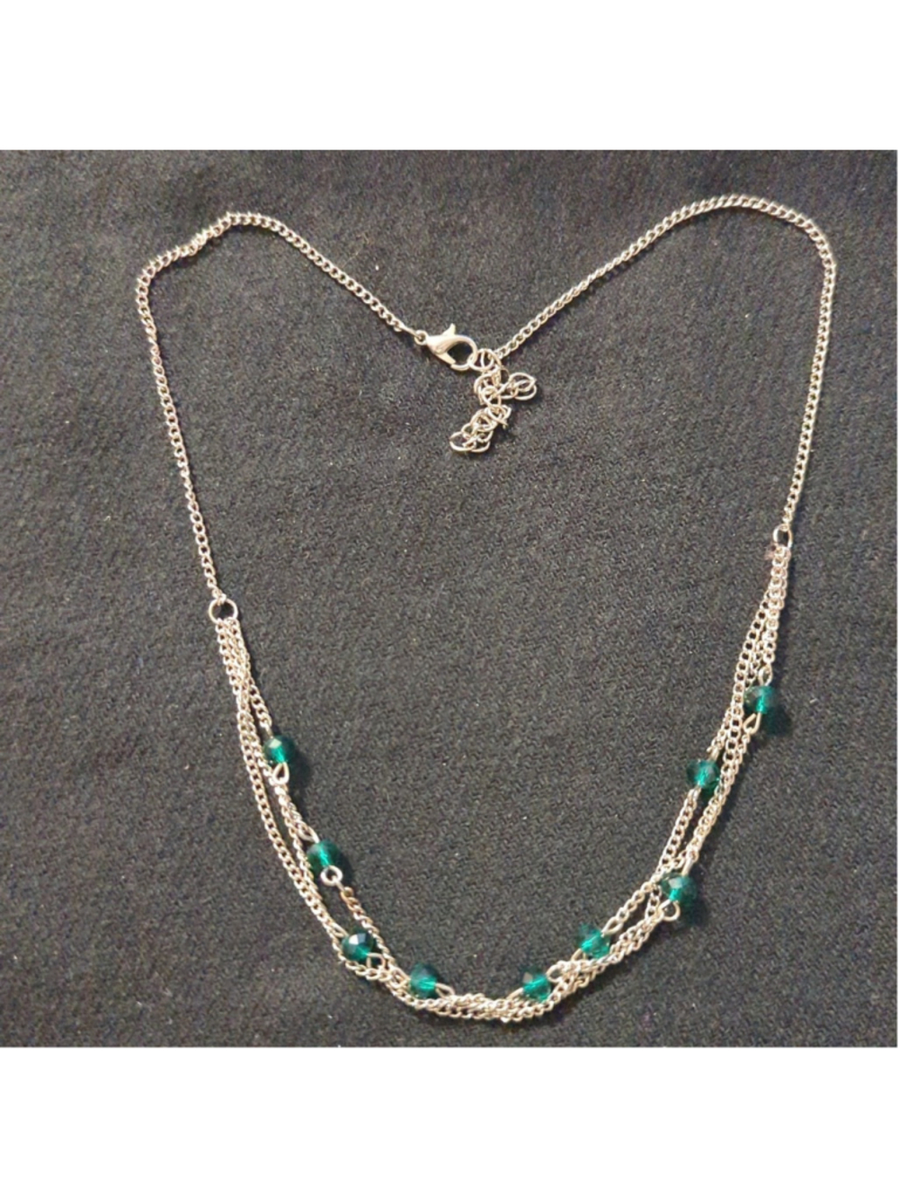 Silver Tone Multi Chain Green Crystal Beaded Statement Necklace